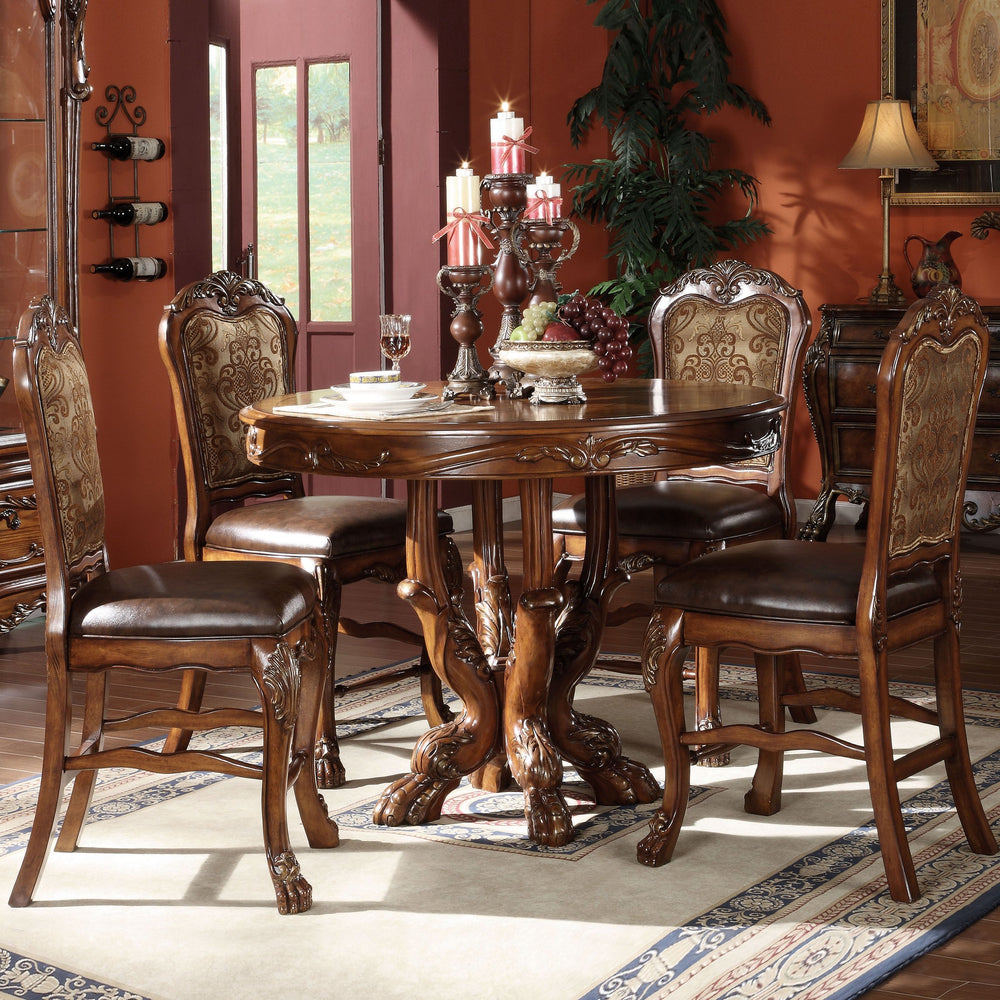 English Elm Beige Upholstered Counter Height Chairs with Welt Trim, Arched Backs & Carved Queen Anne Legs PMID Vintage B062P189111