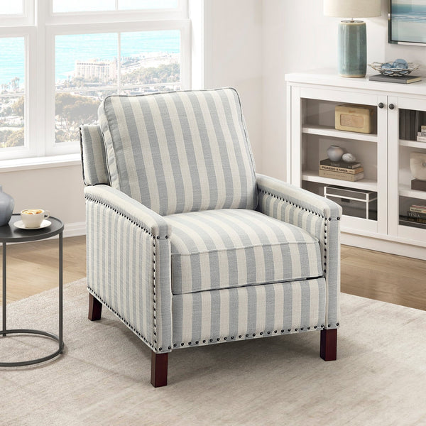 English Elm 1pc Push Back Recliner Chair in Beige-Blue Stripe Fabric with Nailhead Trim, Solid Wood Frame, CozyComfort B011P396189