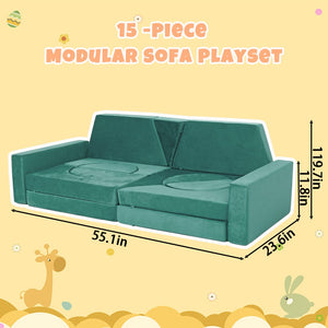 English Elm 15pcs Modular Toddler Play Couch Set Velvet Foam Fort Building Playroom Seating Green T5880P493417