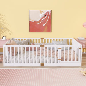 English Elm Twin Floor Bed Solid Rubber Wood with Tall Safety Railings for Toddler Sleep White W504P287658