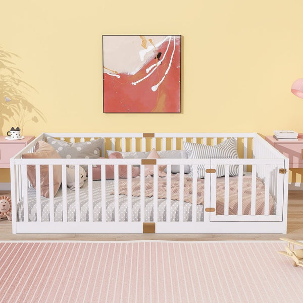 English Elm Twin Floor Bed Solid Rubber Wood with Tall Safety Railings for Toddler Sleep White W504P287658