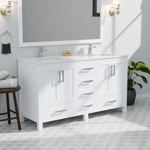 English Elm White Double Bath Vanity With Cultured Marble Top, Ample Storage & Chrome Faucet Set For Elegance B2731P259074-GIGA
