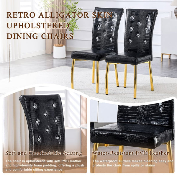 English Elm Set of 4 Glam Faux Leather Dining Chairs with Crystal Buckle and Gold Tone Legs Black+Gold W3226P311061
