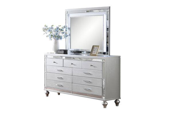 English Elm Glam Silver Dresser with Snakeskin Embossed Drawers Mirrored Panels Gourd Legs B011P448866