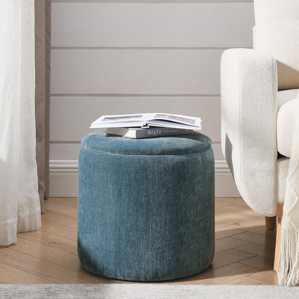 English Elm 2-Piece Round Chenille Storage Ottoman Set with Hidden Compartment and Sturdy MDF Top for Home Decor Dark Blue W487P179600