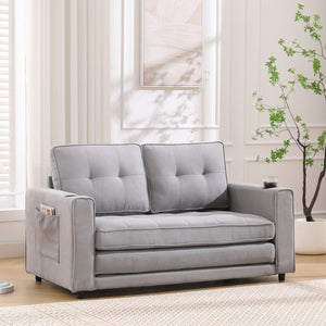 English Elm {VIDEO 3-in-1 Upholstered Futon Sofa Bed Convertible Loveseat with Tufted Back, Cup Holders & Side Pockets Light Gray W2325P183182