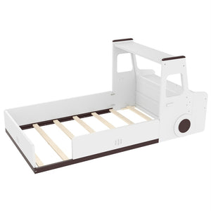 English Elm Twin Car Shaped Floor Bed with Storage Drawers and Built in Desk for Kids W1580P396323