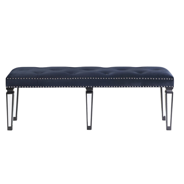 English Elm Dark Navy Velvet Tufted Bench with Mirrored Inlay Legs, Nailhead Trim & Plush Seat for Entryway B062P186458