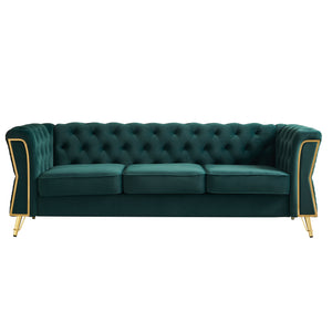 English Elm Modern Tufted Velvet Sofa 87.4" Green — Mid-Century Chesterfield Charm, Gold Accents, Plush Comfort W579P330003