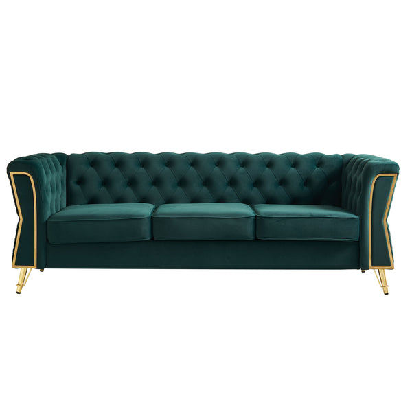 English Elm Modern Tufted Velvet Sofa 87.4" Green — Mid-Century Chesterfield Charm, Gold Accents, Plush Comfort W579P330003