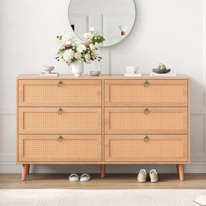 English Elm Rattan 6-Drawer Double Dresser with Handwoven PE Rattan Fronts, Wood Top, Copper Pulls, Spacious Storage Natural T3623P411337