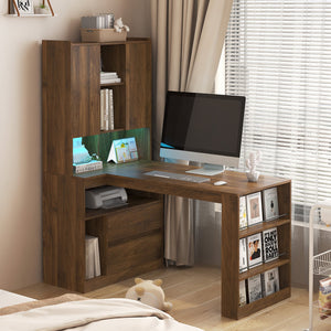 English Elm L Shaped Desk With Storage & Led Light - Modern Corner Computer Desk For Home Office & Gaming Setup W1321S00033