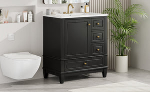 English Elm Christopher Knight Home® - 30" Freestanding Bathroom Vanity with Ceramic Sink, Soft-Close Door, Gold Knobs & 3 Drawers, Durable Painted Finish Black N759P225994B