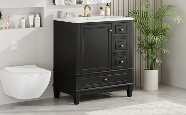 English Elm Christopher Knight Home® - 30" Freestanding Bathroom Vanity with Ceramic Sink, Soft-Close Door, Gold Knobs & 3 Drawers, Durable Painted Finish Black N759P225994B