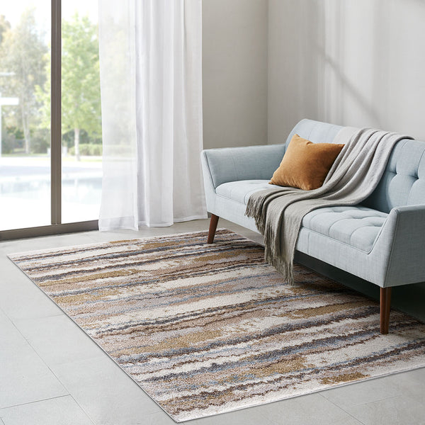 JLA Home Madison Park - Watercolor Plush High-Pile Area Rug with Abstract Painterly Stripe Pattern, Soft, OEKO-TEX Certified, Slip-Resistant Blue/Tan MP35-7587