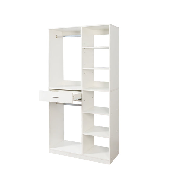 English Elm Freestanding 40" Closet System with 6 Open Shelves, 2 Hanging Rods & Wood Drawer — White Storage Wardrobe W331P280699