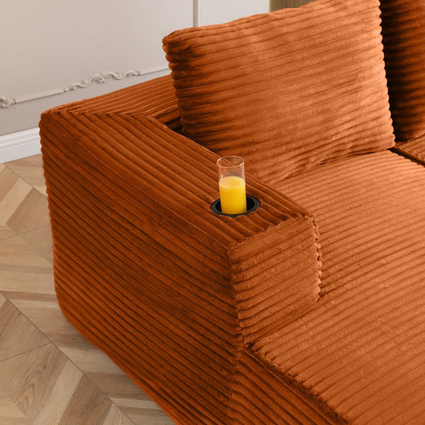 English Elm 132" Oversized Corduroy U-shaped Modular Cloud Sectional Deep Seat Sofa with Cupholders W1117S00317