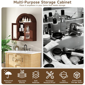 English Elm Wall Mounted Arched Cabinet Tempered Glass Doors Led Lighting Adjustable Shelves Bathroom Brown T3210P471553