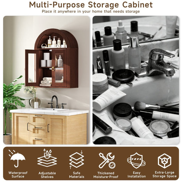 English Elm Wall Mounted Arched Cabinet Tempered Glass Doors Led Lighting Adjustable Shelves Bathroom Brown T3210P471553