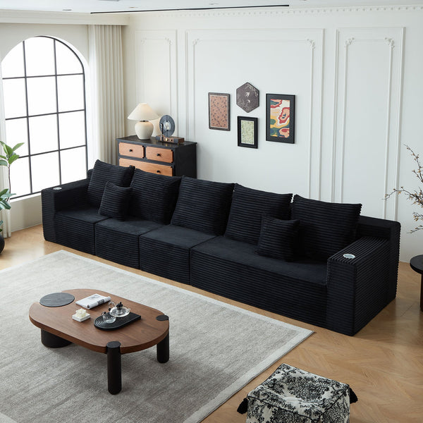 English Elm Deep Modular Cloud Couch In Soft Corduroy With Cup Holders - No Assembly, Luxurious Comfort! W848S00051