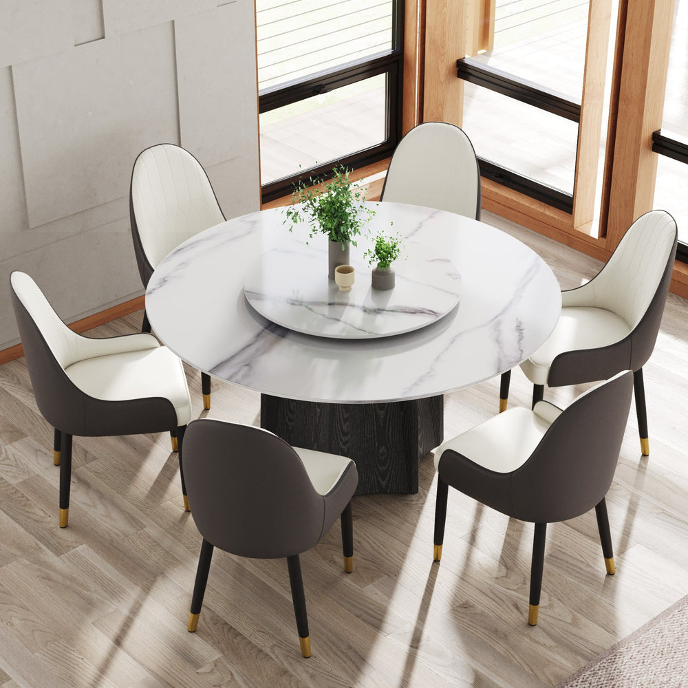 English Elm 59.05" Round Marble Dining Table With Black Oak Base & White Turntable - Seats 6-8, Stylish & Durable W1535S00386
