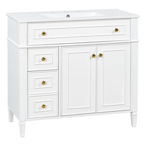English Elm 36 Inch Freestanding Bathroom Vanity Sage Pine Cabinet Gold Hardware Ceramic Sink White N725P366468K
