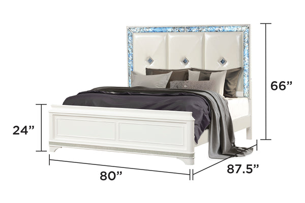 English Elm Laguna Modern King Upholstered Bed with Blue Marble Accents, Integrated LED Lighting, White Finish B009S01454
