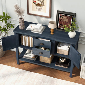 English Elm 46'' Solid Pine Retro Buffet Server with Iron Hardware Drawers Cabinets and Open Shelf Navy Blue W1202P457252