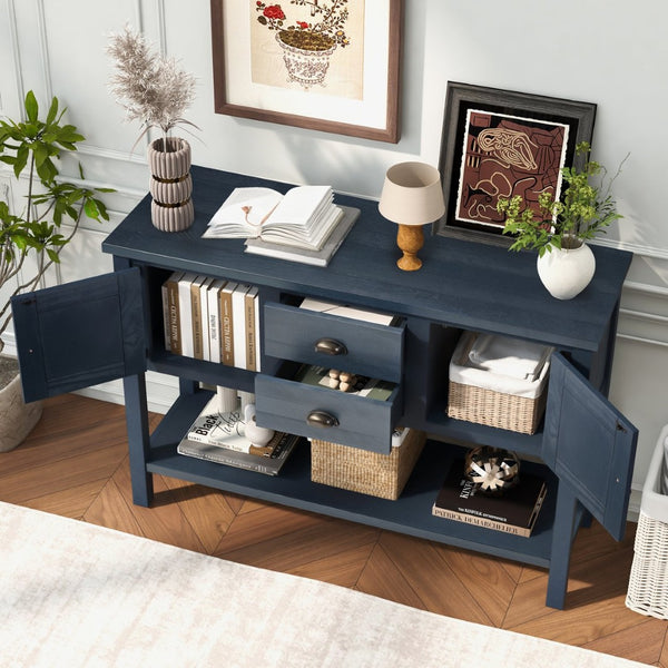 English Elm 46'' Solid Pine Retro Buffet Server with Iron Hardware Drawers Cabinets and Open Shelf Navy Blue W1202P457252