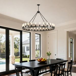 English Elm 39.4 Inch Wagon Wheel Chandelier 12-light Matte Black Farmhouse Pendant for Foyer Dining W5008P389282