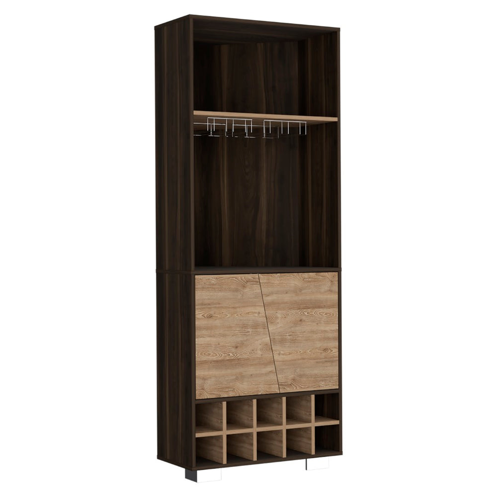 English Elm Fraktal Corner Bar Cabinet with Wine Rack Open Shelves Dark Oak Pine Wood B200S00407