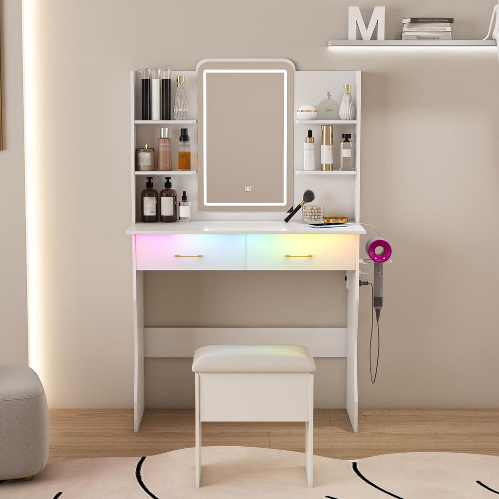 English Elm Vanity LED RGB Dressing Table with Power Outlets, Large Storage Drawers, 3 Light Modes & Stool W509P297013