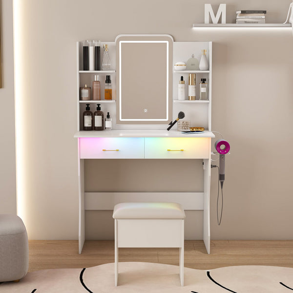 English Elm Vanity LED RGB Dressing Table with Power Outlets, Large Storage Drawers, 3 Light Modes & Stool W509P297013