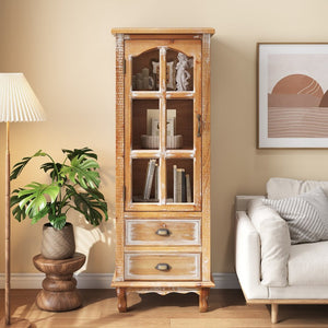 English Elm Rustic Solid Wood Tall Narrow Cabinet with Cutout Door Two Drawers Farmhouse Storage Antique Brown W2295P457182