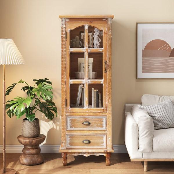 English Elm Rustic Solid Wood Tall Narrow Cabinet with Cutout Door Two Drawers Farmhouse Storage Antique Brown W2295P457182