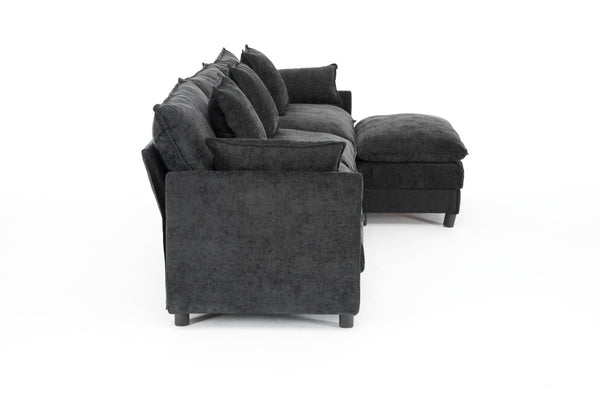 English Elm 108" L-shaped Chenille Cloud Sectional Deep Seat Sofa with Ottoman for Living Rooms Black W3244S00004