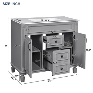English Elm 36'' Modern Bathroom Vanity With Black Ceramic Top, Soft-Close Doors & Drawers For Stylish Storage N710P230231E