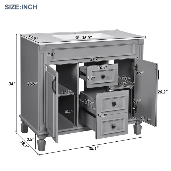 English Elm 36'' Modern Bathroom Vanity With Black Ceramic Top, Soft-Close Doors & Drawers For Stylish Storage N710P230231E
