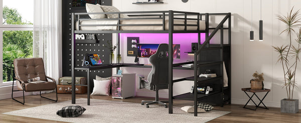English Elm Twin Xl Metal Loft Bed with Stair Storage Shelves Sturdy Steel Frame for Dorms W1580S00545