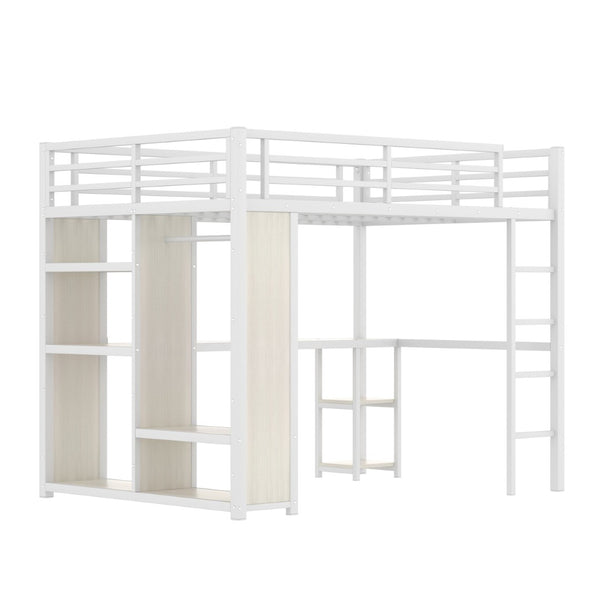 English Elm Queen Size Loft Bed Frame With Desk, Wardrobe & Storage Shelves – Stylish Space-Saving Solution! W1580S00179-GIGA