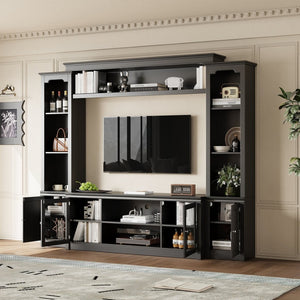 English Elm Entertainment Wall Unit with Glass Doors Open Shelving Mdf Living Room Storage Black N710S688102B