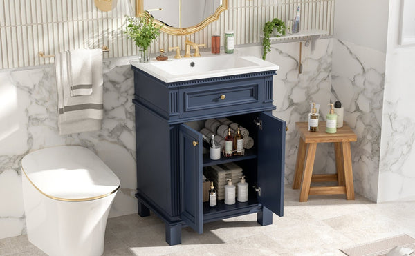 English Elm 24'' Carved Farmhouse Bathroom Vanity with Ceramic Sink Soft Close Storage Cabinet Blue N710P446530C