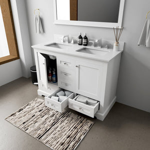 English Elm White Double Bath Vanity 48 in with Cultured Marble Scratch‑Resistant Top, Faucet & 46in Mirror, Chrome B2731S01006