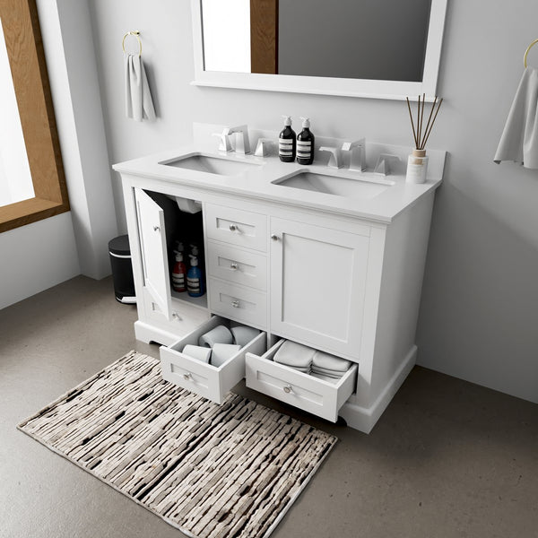 English Elm White Double Bath Vanity 48 in with Cultured Marble Scratch‑Resistant Top, Faucet & 46in Mirror, Chrome B2731S01006