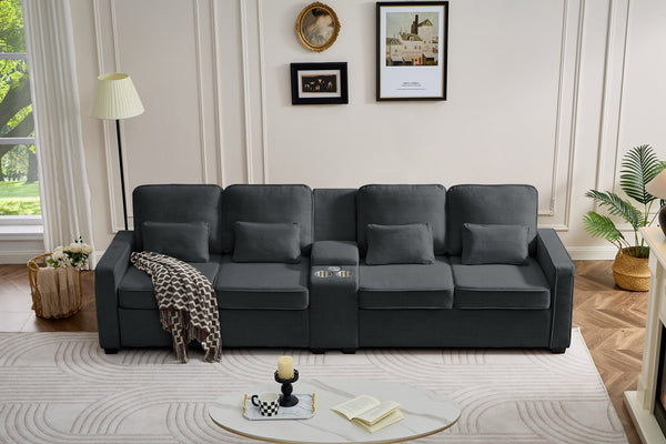 English Elm 114" Modern Upholstered Sofa with Console, Built-In USB & Cupholders, Durable Linen Fabric Comfort Dark Gray W2353S00004