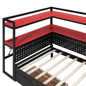 English Elm Twin Gaming Daybed with Led Strips Desk Pegboard Bookcase and Three Storage Drawers Black+Red N820S00083J
