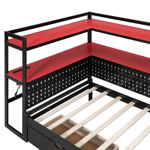 English Elm Twin Gaming Daybed with Led Strips Desk Pegboard Bookcase and Three Storage Drawers Black+Red N820S00083J