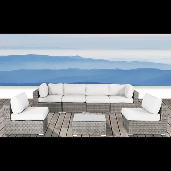 English Elm Ready 7-Piece Rattan Wicker Outdoor Lounge Set with Cushions, Rustproof Aluminum, Glass Table, UV-Resistant Fabric B120S00091