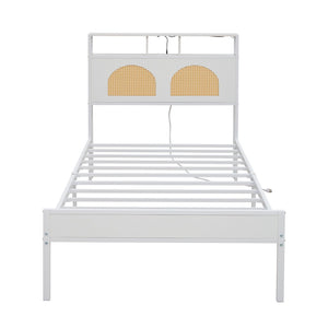 English Elm Twin Rattan Headboard Platform Bed with Rgb Lighting and Built-in Charging Station W1903P410742