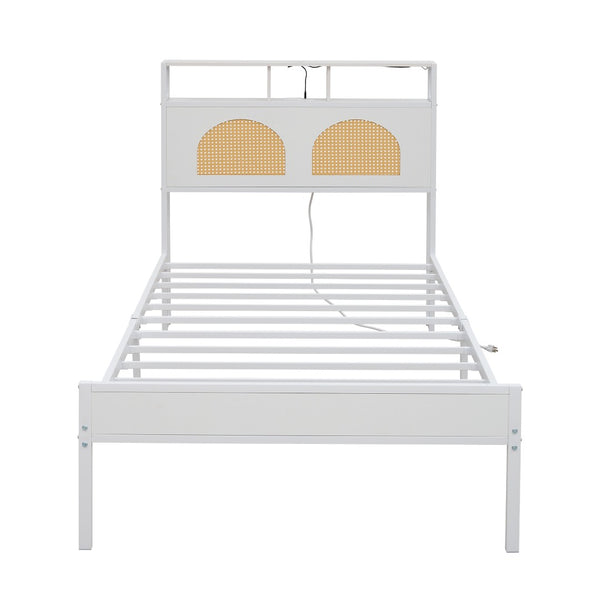 English Elm Twin Rattan Headboard Platform Bed with Rgb Lighting and Built-in Charging Station W1903P410742